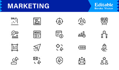 Marketing line icon pack featuring professional modern minimal designs, unique outline vectors ideal for branding, advertising, promotion, communication, and strategy concepts