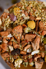 Close up of Loose Leaf Chamomile Tea with Dried Apples and Cinnamon