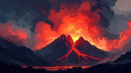 A vibrant volcanic eruption scene with molten lava flowing down the mountain, surrounded by dark clouds and fiery red hues.