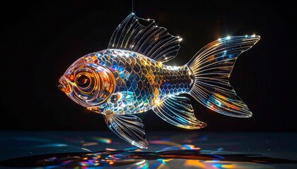 Multicolored glass fish sculpture with intricate translucent details on reflective surface, symbol of elegance and fantasy, editorial style with surreal art-object ambient energy.