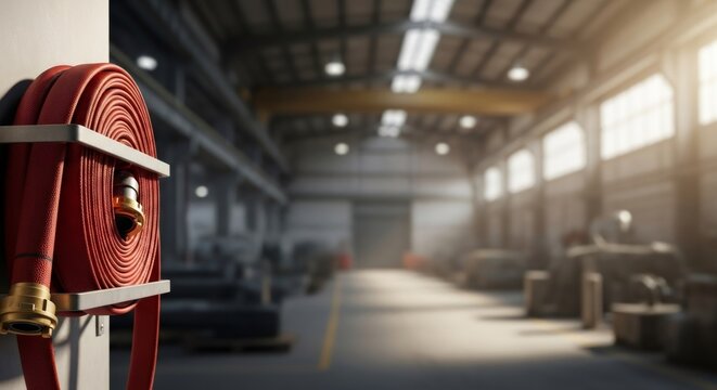 Bright red fire hose rolled on a wall mount, hanging in a large blurred industrial workshop or warehouse. Fire safety equipment and prevention concept.