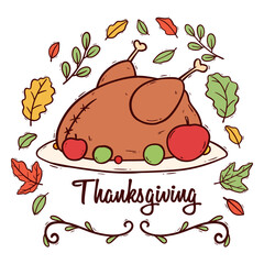 Colorful Doodle Illustration of Roasted Turkey with Autumn Leaves for Thanksgiving