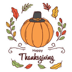 Colorful Doodle Illustration of Pumpkin with Classic Hat and Autumn Leaves