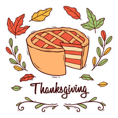 Colorful Doodle Illustration of Pumpkin Thanksgiving Cake with Autumn Leaves