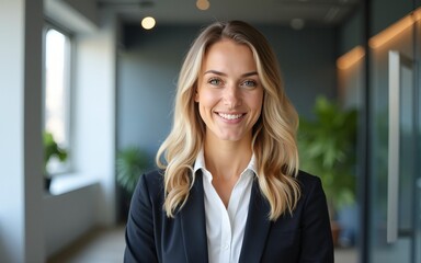 Portrait of happy young confident CEO business woman with blond hair in formal clothes looking at camera at office. High quality