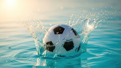 Soccer ball splashes into vibrant blue water, creating dynamic crown droplets under bright sunlight
