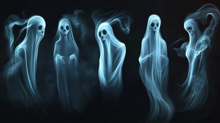 Eerie collection of sorrowful spirits with distinctive personality traits in their facial features, translucent phantom forms with smoky trailing wisps, vectorized Halloween characters with gradient