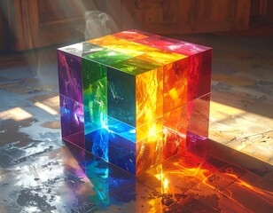 A vibrant, translucent cube radiates light with rainbow hues