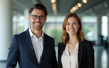 Portrait of two business people standing in an office. High quality