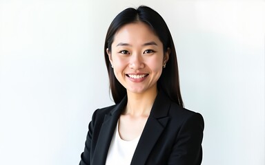 Professional businesswoman portrait. Smiling Asian woman in suit. Isolated on transparent background. Clean corporate headshot for website, presentation. High quality