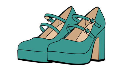 Elegant Teal Platform Mary Jane Heels With Double Strap Buckle Detail Isolated On Black Background