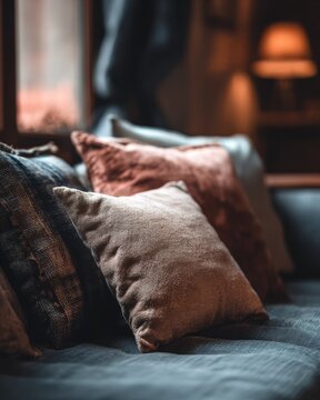 A textured throw pillow on a sofa with additional cushions and a cozy living room blurred softly behind.
