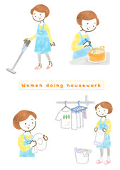 家事をしているエプロン姿の女性のイラストセット