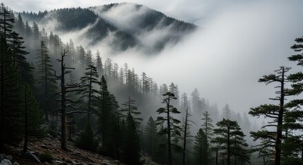 Dense evergreen forest slopes disappear into thick rolling fog high in the mountains