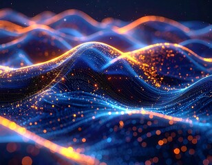 Abstract digital waves glow with blue and orange particles