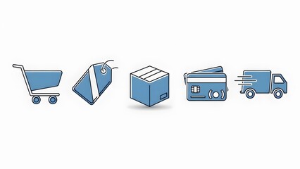 Set of blue e-commerce and shopping icons including cart, price tag, package, credit card, and delivery truck.
