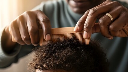 Black Father Gently Combing Toddler's Curly Hair in Morning Light