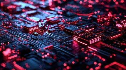 A close-up of a futuristic circuit board with red and black tones, showcasing intricate patterns and glowing elements, reflecting advanced technology.