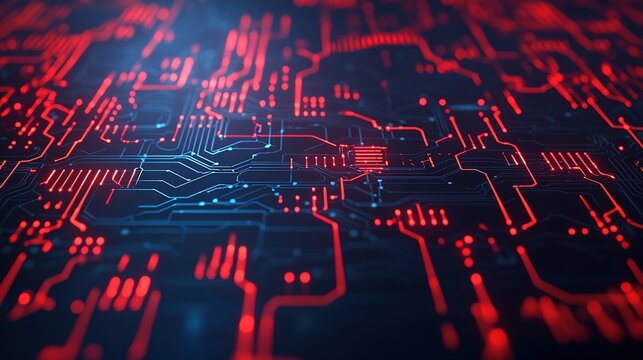 A close-up view of intricate circuitry with glowing red and blue lines, symbolizing technology and digital connectivity. - Powered by Adobe