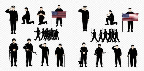 Silhouettes of Patriotic Figures and Soldiers in Various Poses 2dflat