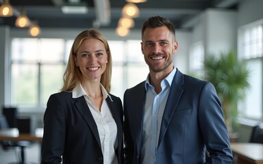 Portrait of two business people standing in an office. High quality