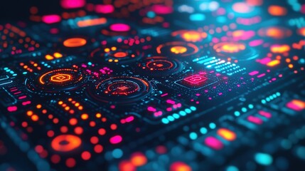 A vibrant digital interface displaying colorful data patterns and intricate designs, showcasing modern technology and digital artistry.