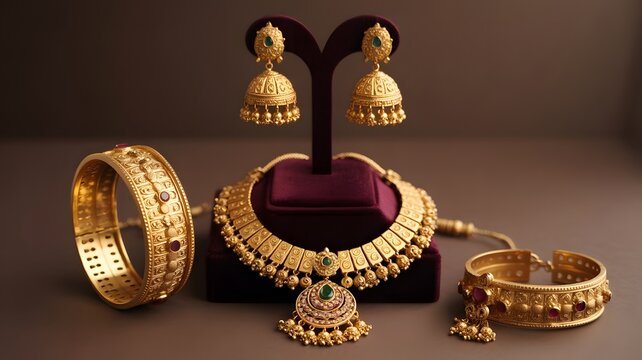 Elegant gold Indian jewelry set featuring necklace, earrings, and bangles for traditional occasions