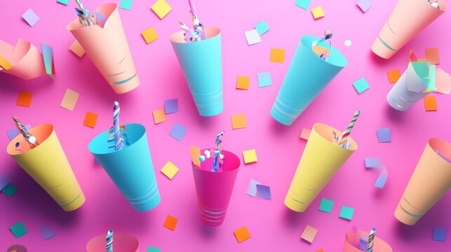 Isometric arrangement of colorful party popper emoji icons against pastel background, each popper with unique design details, confetti pieces with realistic paper textures and shadows