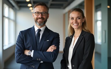 Portrait of two business people standing in an office. High quality