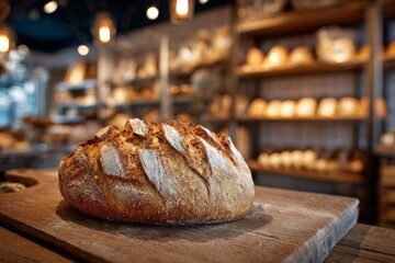 A rustic crusty bread loaf displayed on a wooden board inside a warmly lit bakery.