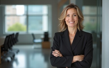 Confident middle aged business woman attorney, 45 years old lady entrepreneur, mature female professional executive manager leader standing in modern company office looking at camera. Portrait.