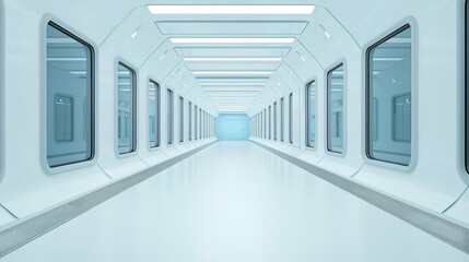 Fototapeta premium A modern, minimalist corridor with sleek white walls and large windows, illuminated by bright lighting, creating a futuristic atmosphere.