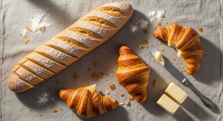 Freshly baked bread and buttery pastries are displayed on a textured surface with flour dusting