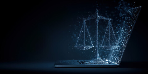 Digital scale of justice emerges from glowing screen, signifying crucial balance and ethical needs for artificial intelligence