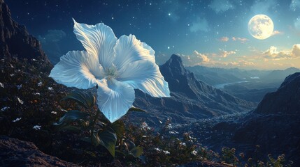 Serene Nightscape - A Luminous White Flower Under the Moonlight.