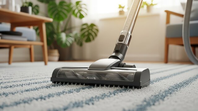 Close-up of a modern vacuum cleaner head cleaning a striped rug in a bright, tidy living room