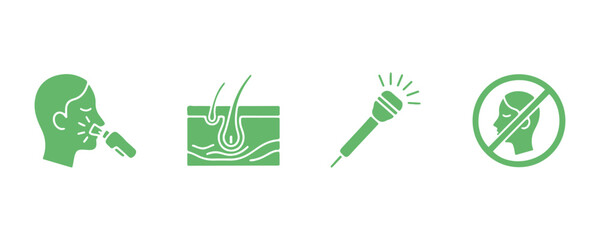 Collection of Symbols for Laser Cosmetology Equipment. Woman's Facial Hair Removal Illustrated with Laser Line Icons. Medical Beauty Therapy Pictograms for Girls' Facial Skin. Isolated Vector Illustra