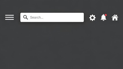 A minimalist dark grey background with a white navigation bar featuring search, settings, notifications, and home icons.