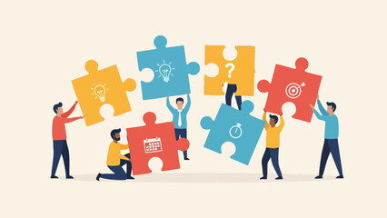 Teamwork assembling puzzle pieces with icons representing business goals.