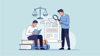 Two men studying legal documents with scales of justice illustration.