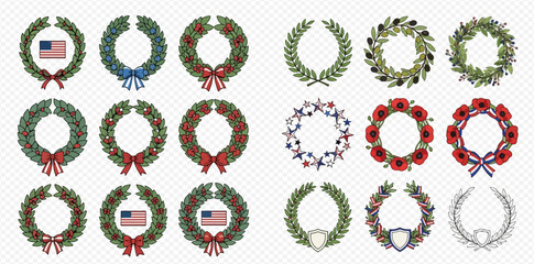 Set of Botanical Wreaths for Decoration or Memorial 2dflat