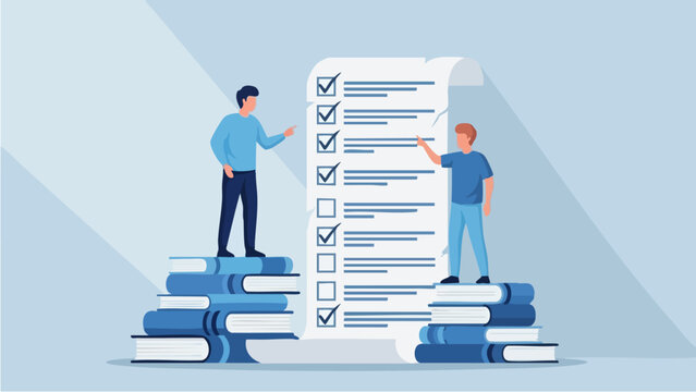 Two men reviewing a long checklist on a scroll.