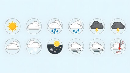 A collection of weather forecast icons depicting various atmospheric conditions like sun, clouds, rain, snow, thunderstorms, wind, and hot temperatures.
