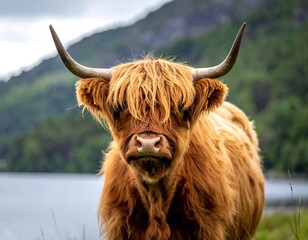 Focused portrait of a fluffy brown Highland cow with large horns, set against a soft background of lake and hills