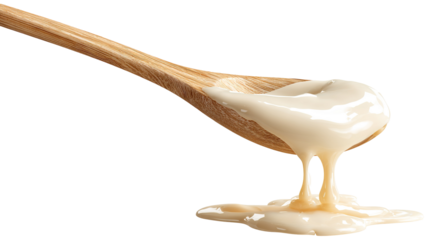 Condensed milk flowing down from spoon isolated on transparent or white background. A high resolution PNG image of Condensed milk flowing down from spoon. isolated on transparent.