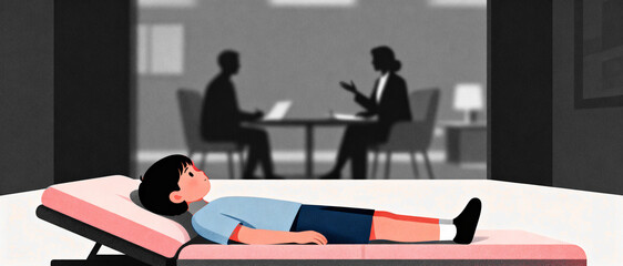 Therapy session in progress with client lying down on a couch, therapist in background. The scene evokes a sense of introspection and support.