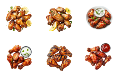 A variety of chicken wings with different sauces and garnishes.