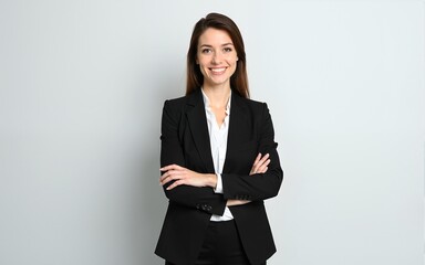 Business woman in suit with crossed arms on isolated background, professional business, corporate woman, portrait studio shot. High quality