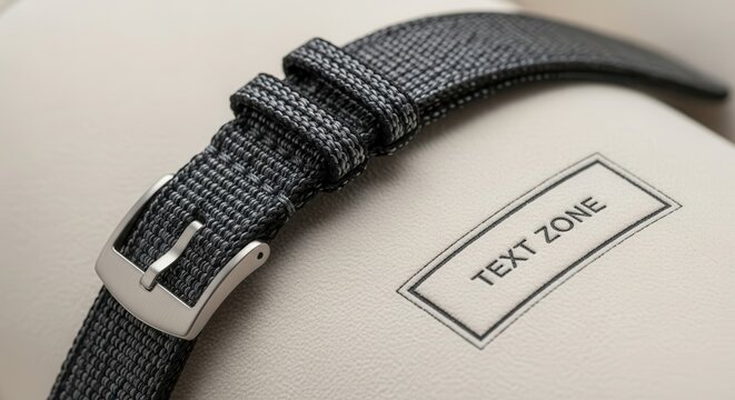 Close up of a textured fabric watch strap secured with a metal buckle resting on a light surface with a designated area for inscription.