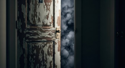 Old door slightly ajar with a dark smoky room beyond. Concept of fire in a house and danger. Smoke coming from inside an old building.